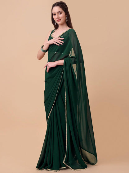 SATAZ Women's Ready to Wear Bottle Green Georgette 1 Minute Pre Pleated Mirror Lace Saree with Unstiched Blouse