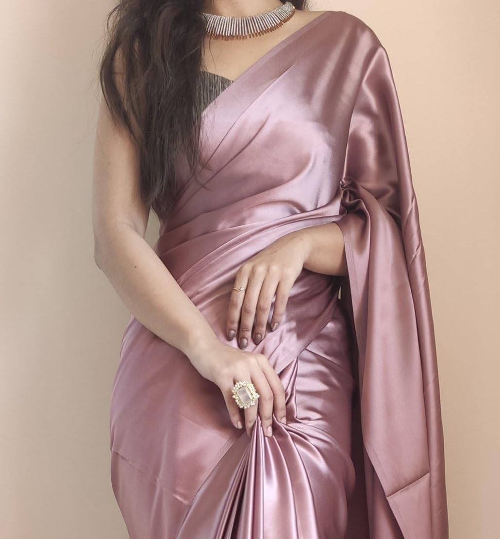 SATAZ Women's Ready to Wear Rose Gold Satin Silk 1 Minute Pre Pleated Saree with Unstitched Rose Gold Blouse