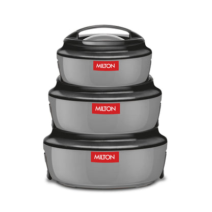 Milton Micronova Jr. Gift Set Inner Stainless Steel Casserole, Set of 3 (380 ml, 775 ml, 1345 ml), Grey, BPA Free, Food Grade, Hot and Cold, Microwaverable Steel, Dishwasher Safe, Chapati, Roti