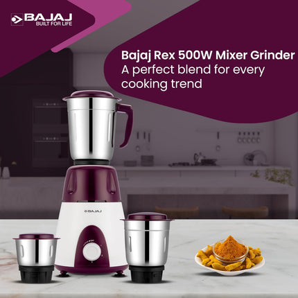 Bajaj Rex Mixer Grinder 500W|Mixie For Kitchen With Nutri-Pro Features|3 SS Mixer Jars For Heavy Duty Grinding|Adjustable Speed Control|Multifunctional Blade System|2 Year Warranty By Bajaj|Purple 