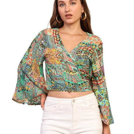 KE Kanha exportsWomen’s and Girls/Ladies Wrap Around Tops Beach wear Tunic Top V Neck Silk Casual Sleeve Printed Top Relaxed Fit Free Size