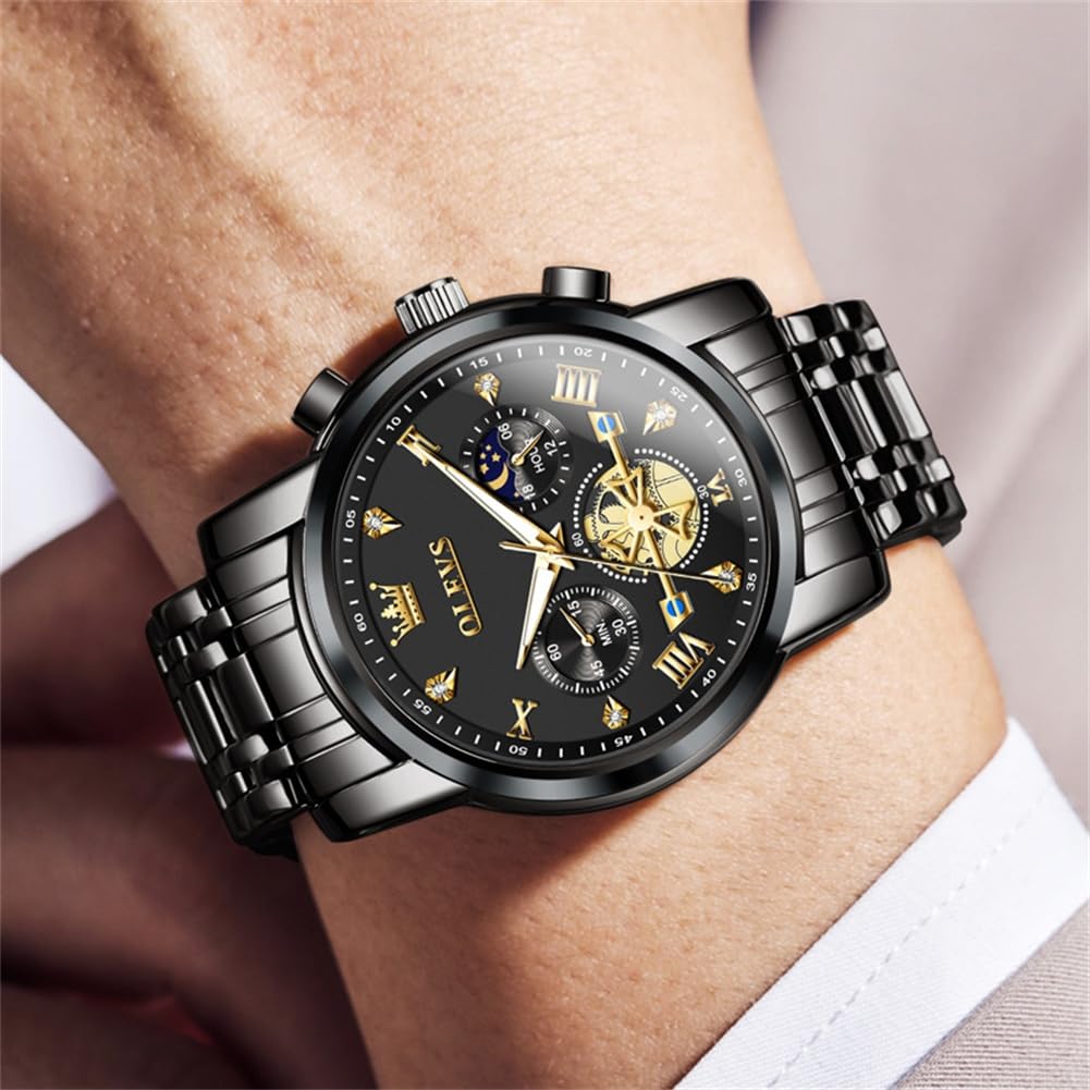 OLEVS Mens Watches Chain Chronograph Business Dress Quartz Stainless Steel Wrist Watch Waterproof Luminous Date