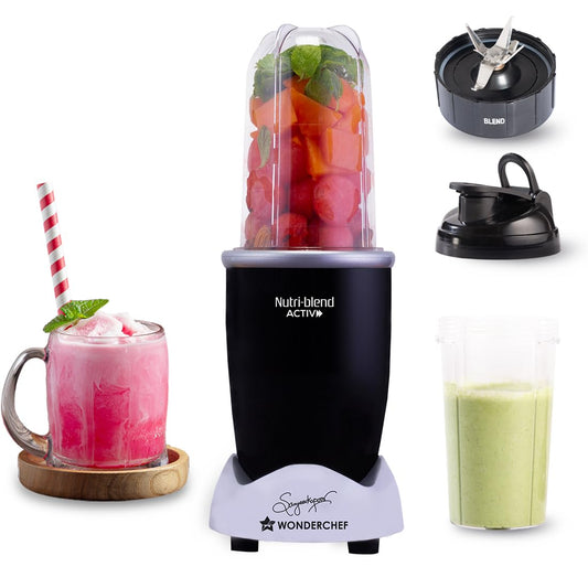 Wonderchef Nutri-blend Activ Mixer Grinder Blender, Smoothie Maker, 500W 22000 RPM 100% Full Copper Motor, 2 Unbreakable Jars, SS Blades, 2 Year Warranty, Recipe book by Chef Sanjeev Kapoor, Black