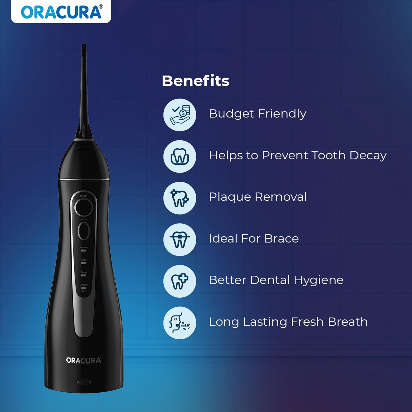 ORACURA® OC200 Dental PRO Smart PLUS Water Flosser® Black, 8 Nozzle Tips, Portable & Rechargeable, Custom 8 Water Pressure Settings, 200ml Tank Capacity, IPX7 Waterproof, 365 Days Warranty