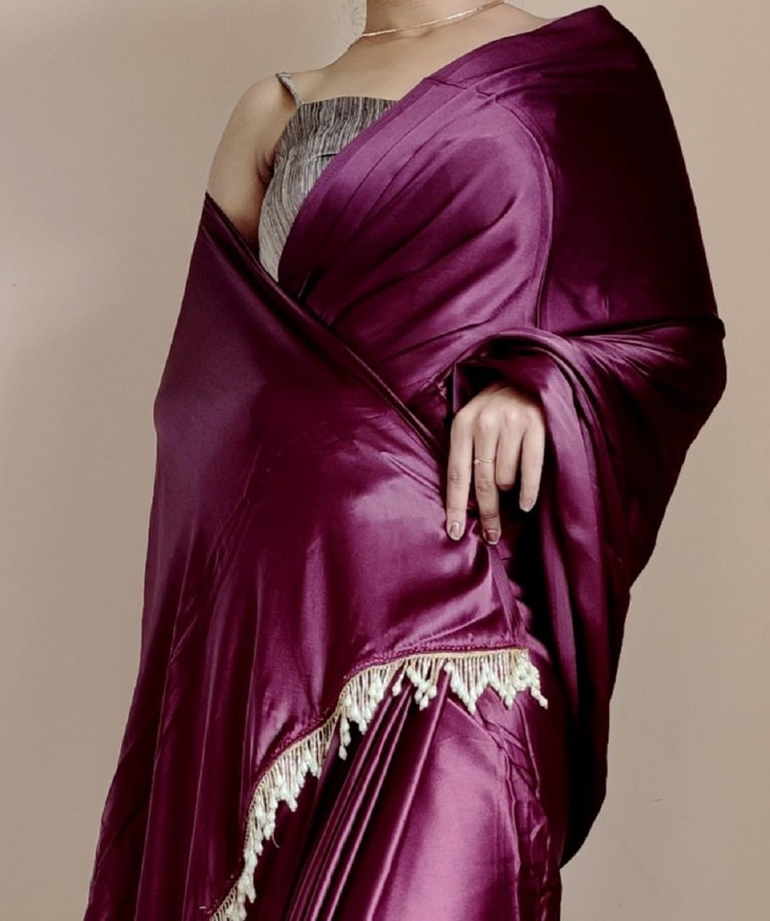 SATAZ Women's Ready to Wear Satin Silk 1 Minute Pre Pleated Heavy Saree with Designer Pearl Tassels Lace (Wine)