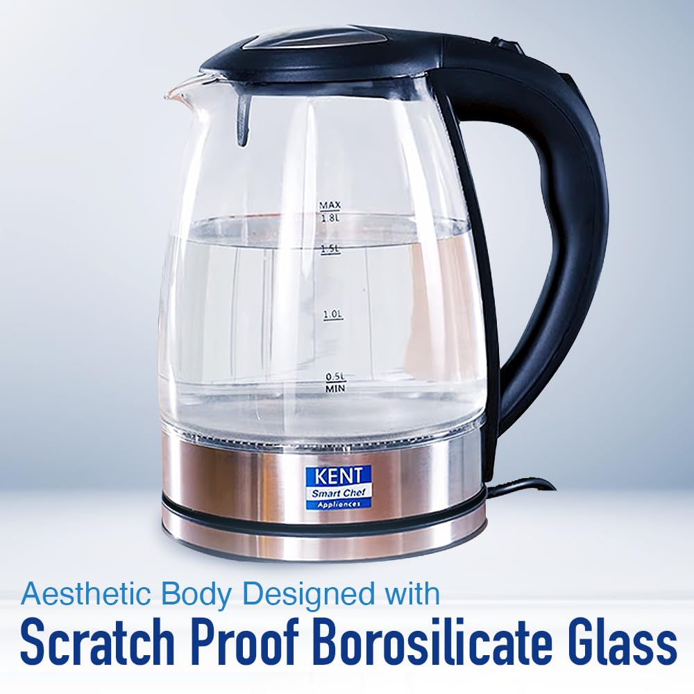 KENT Elegant Electric Glass Kettle (16052), 1.8L, Stainless Steel Heating Plate, Borosilicate Glass Body, Boil Drying Protection