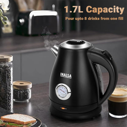 INALSA Premium English Finish Electric kettle|Analogue Temperature Display|2 Yr Warranty|Non Toxic SS Inner Body|Detachable Mesh Filter with Safety Cap (Callisto)