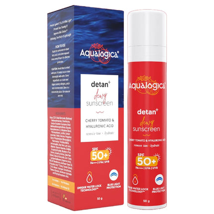 Aqualogica Detan+ Dewy Lightweight Sunscreen with SPF 50+ & PA++++ | For UVA/B & Blue Light Protection | For Normal, Sensitive & Dry Skin | Tan Removal & No White Cast | For Men & Women | 50g