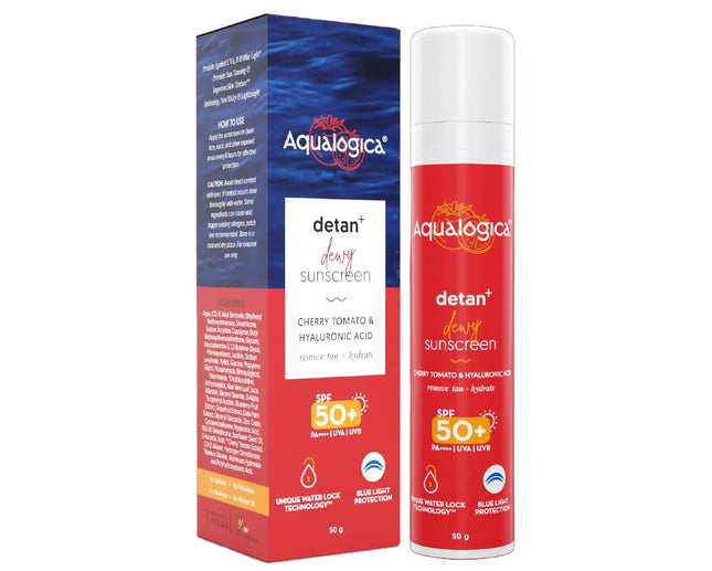 Aqualogica Detan+ Dewy Lightweight Sunscreen with SPF 50+ & PA++++ | For UVA/B & Blue Light Protection | For Normal, Sensitive & Dry Skin | Tan Removal & No White Cast | For Men & Women | 50g