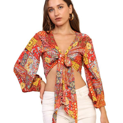 KE Kanha exportsWomen’s and Girls/Ladies Wrap Around Tops Beach wear Tunic Top V Neck Silk Casual Sleeve Printed Top Relaxed Fit Free Size