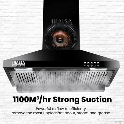 INALSA EKON 60cm 1100 m³/hr Pyramid Kitchen Chimney With Elegant Look|Push Button Control|Efficient Dual LED Lamps & Filterless|5 Year Warranty on Motor (Black)