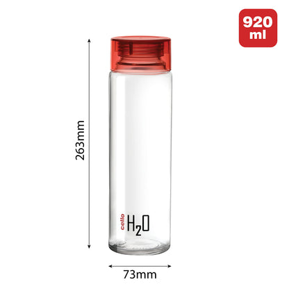 Cello H2O Glass Fridge Water Bottle with Plastic Cap | Leak Proof & Break-Proof | Wide Mouth & Easy to Clean | Best Usage for Office/School/College | 920ml | Red