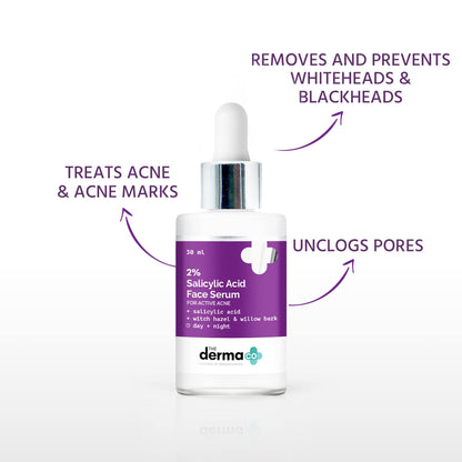 The Derma Co 2% Salicylic Acid Face Serum | Witch Hazel & Willow Bark | For Active Acne I Controls Sebum Production & Prevents Skin Damage I BHA Based Exfoliant for Acne Prone & Oily Skin | 30ml