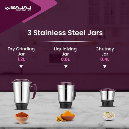 Bajaj Rex Mixer Grinder 500W|Mixie For Kitchen With Nutri-Pro Features|3 SS Mixer Jars For Heavy Duty Grinding|Adjustable Speed Control|Multifunctional Blade System|2 Year Warranty By Bajaj|Purple 