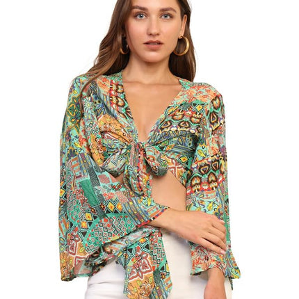 KE Kanha exportsWomen’s and Girls/Ladies Wrap Around Tops Beach wear Tunic Top V Neck Silk Casual Sleeve Printed Top Relaxed Fit Free Size