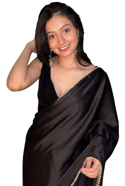 SATAZ Women's Ready to Wear Black Satin Silk 1 Minute Pre Pleated Saree with Lace and Unstiched Blouse