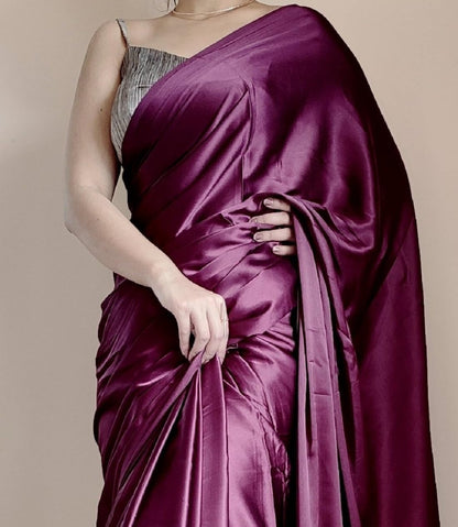 SATAZ Women's Ready to Wear Satin Silk 1 Minute Pre Pleated Heavy Saree with Designer Pearl Tassels Lace (Wine)