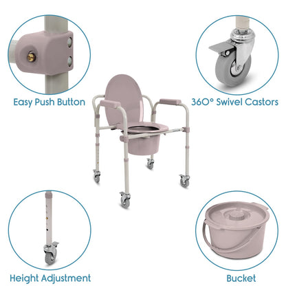 KosmoCare Folding Commode Chair with Large Bucket | 3-in-1 Usage - Bedside Commode, Raised Toilet Seat Riser, Safety rails | Portable Commode for adults & elderly |