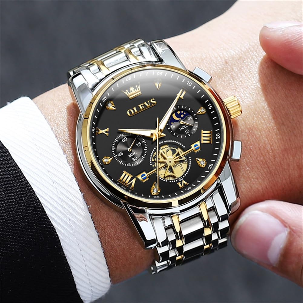 OLEVS Mens Watches Chain Chronograph Business Dress Quartz Stainless Steel Wrist Watch Waterproof Luminous Date