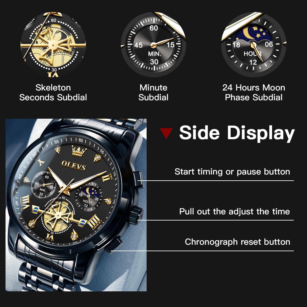 OLEVS Mens Watches Chain Chronograph Business Dress Quartz Stainless Steel Wrist Watch Waterproof Luminous Date