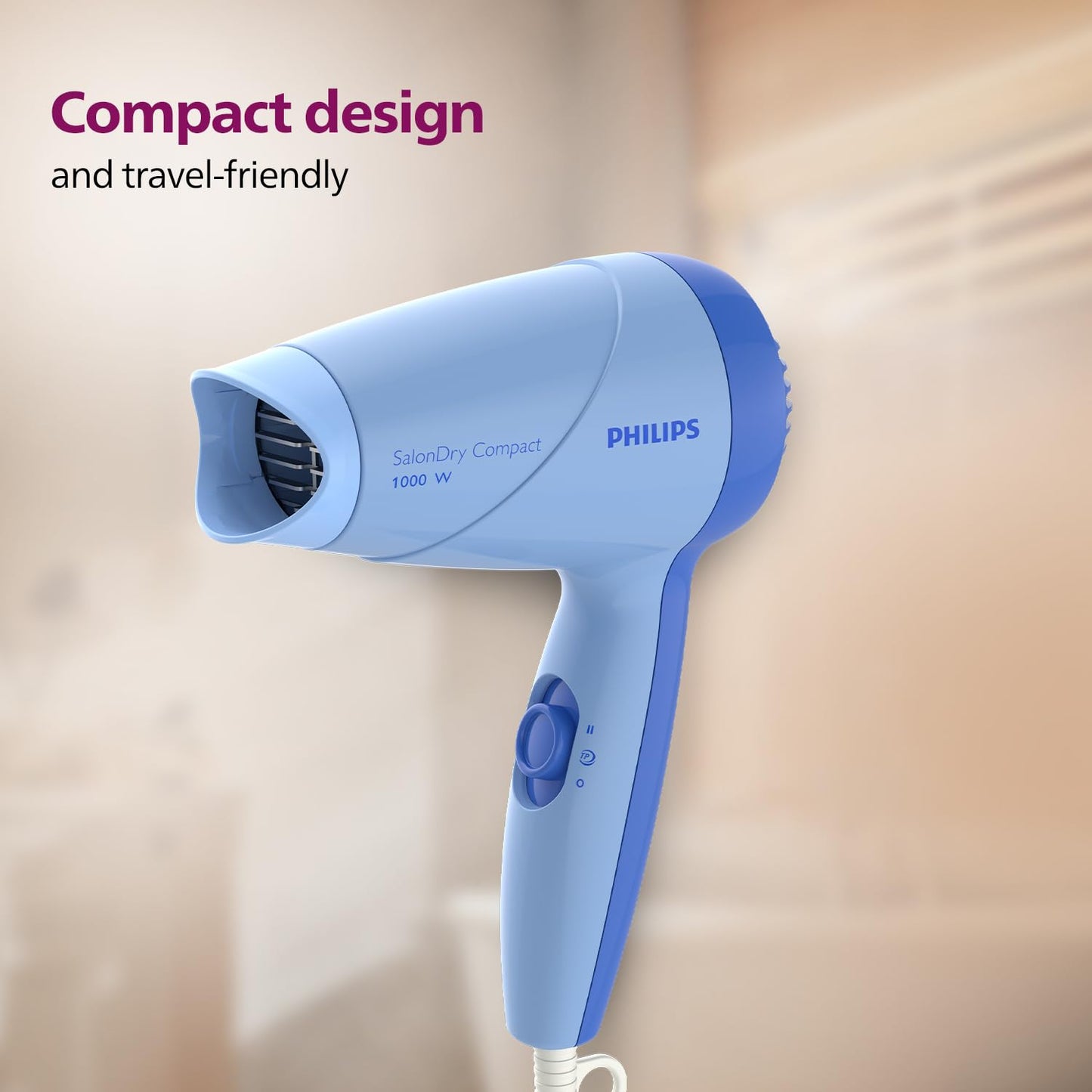 Philips HP8100/60 Compact Hair Dryer| 2 Flexible heat setting| ThermoProtect prevents overhearting | 1000 Watts- Blue