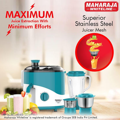 Maharaja Whiteline Plastic Odacio Plus 550 Watts Juicer Mixer Grinder With 3 Versatile Jars | Food Grade Safe | 2 Year Warranty (Black & Silver)