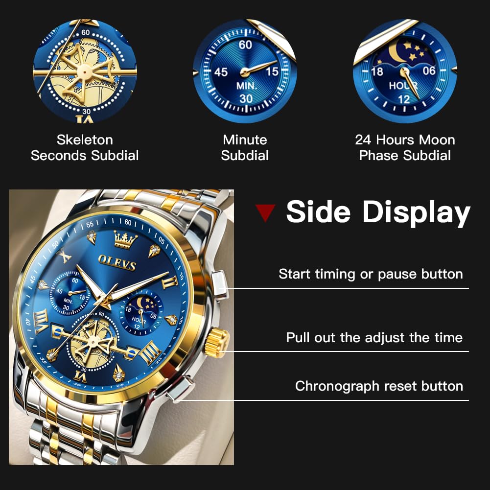 OLEVS Mens Watches Chain Chronograph Business Dress Quartz Stainless Steel Wrist Watch Waterproof Luminous Date