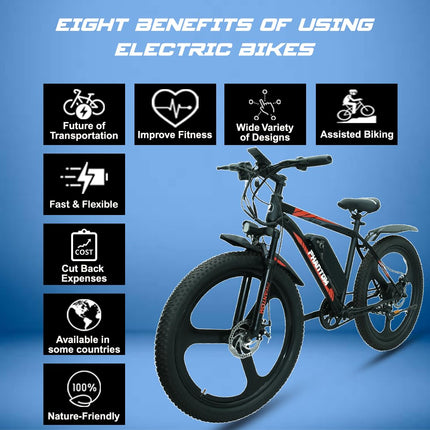 SS Bikes Phantom 26T Single Speed Electric Cycle | 36V/10AH Battery | 60+km Range | 250W Motor| Cruze Control | Front Suspension & Dual Disc Brake |LED Display & Headlight|Top Speed 25 Km | Red/Black 