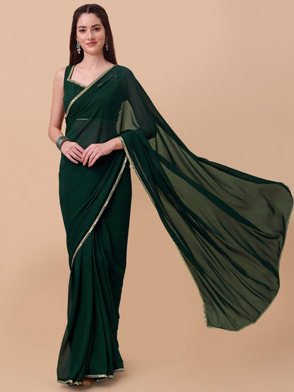 SATAZ Women's Ready to Wear Bottle Green Georgette 1 Minute Pre Pleated Mirror Lace Saree with Unstiched Blouse