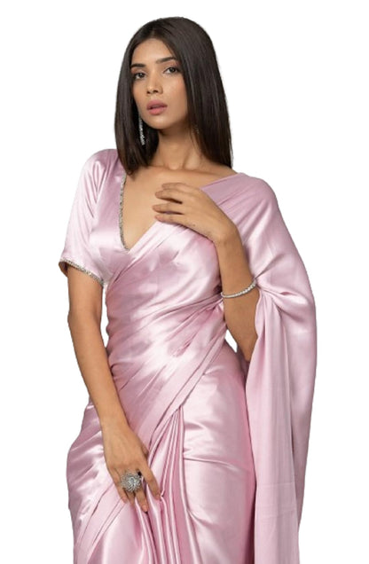 SATAZ Women's Ready to Wear Festive Pink Satin Silk 1 Minute Pre Pleated Saree with Mirror Lace Unstiched Blouse