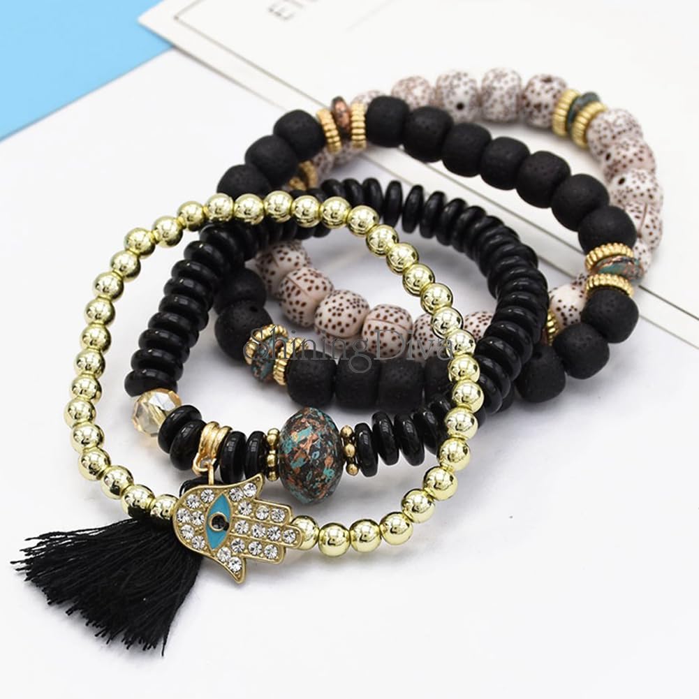 Shining Diva Fashion Bohemian Stackable Multilayer Hamsa Hand Evil Eye Lucky Protection Bracelets Multicolor Crystal Charm Beaded Bracelet for Women Girls