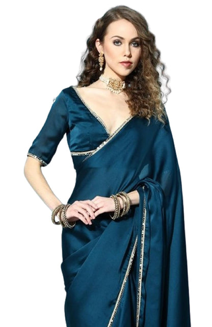 SATAZ Women's Ready to Wear Regal Blue Satin Silk 1 Minute Pre Pleated Mirror Saree with Unstiched Blouse