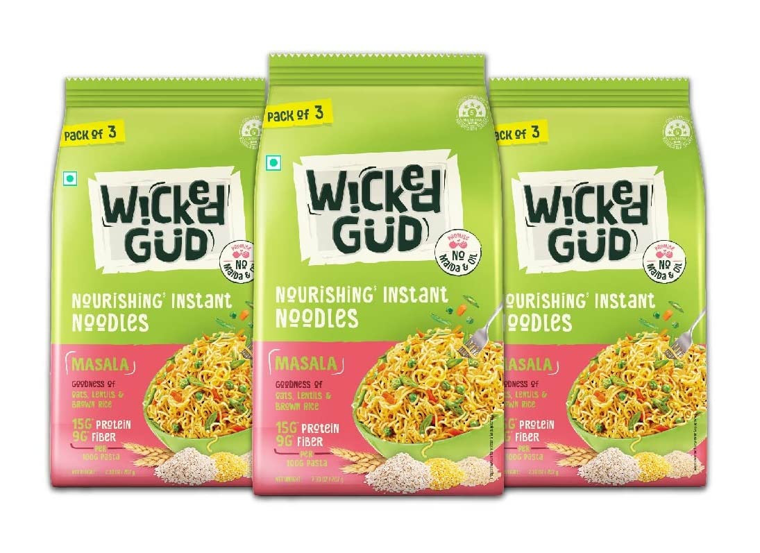 WickedGud Masala Noodles (207gm x 3) No Maida | No Oil | No MSG | High Protein | High Fibre | Cholesterol Free