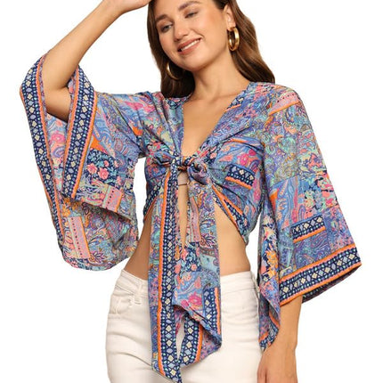 KE Kanha exportsWomen’s and Girls/Ladies Wrap Around Tops Beach wear Tunic Top V Neck Silk Casual Sleeve Printed Top Relaxed Fit Free Size