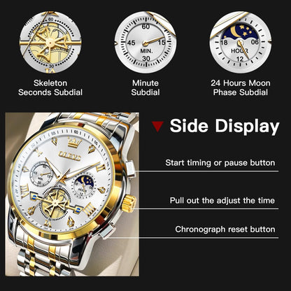 OLEVS Mens Watches Chain Chronograph Business Dress Quartz Stainless Steel Wrist Watch Waterproof Luminous Date