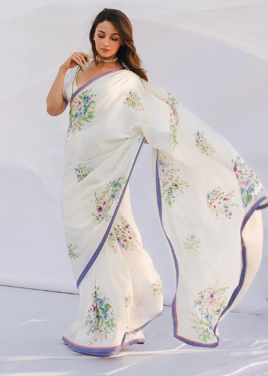 SATAZ Women's Ready to Wear White Floral Satin Silk One Minute Readymade Alia Bhatt Saree With Unstitched Blouse