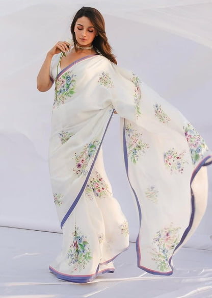 SATAZ Women's Ready to Wear White Floral Satin Silk One Minute Readymade Alia Bhatt Saree With Unstitched Blouse