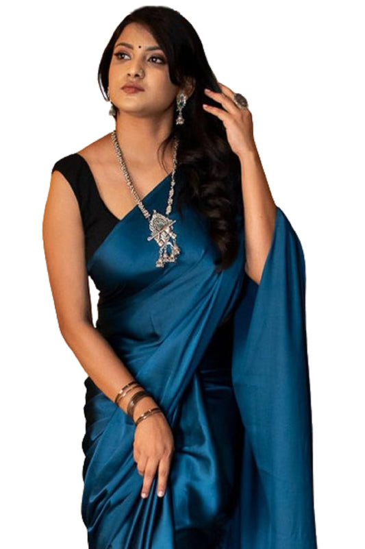 SATAZ Women's Ready to Wear Plain Blue Satin Silk 1 Minute Pre Pleated Saree with Black Unstiched Blouse