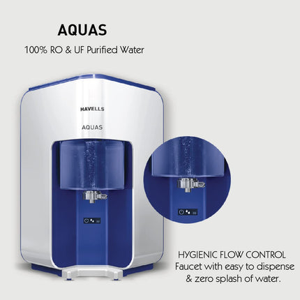 Havells AQUAS Water Purifier (White and Blue), RO+UF, Copper+Zinc+Minerals, 5 stage Purification, 7L Tank, Suitable for Borwell, Tanker & Municipal Water 