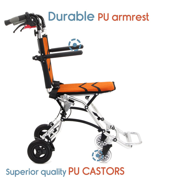 KosmoCare Styler Plus Premium Imported Ultra Lightweight Transporter Wheelchair With Bag and - Crest Series-Orange