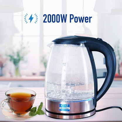 KENT Elegant Electric Glass Kettle (16052), 1.8L, Stainless Steel Heating Plate, Borosilicate Glass Body, Boil Drying Protection