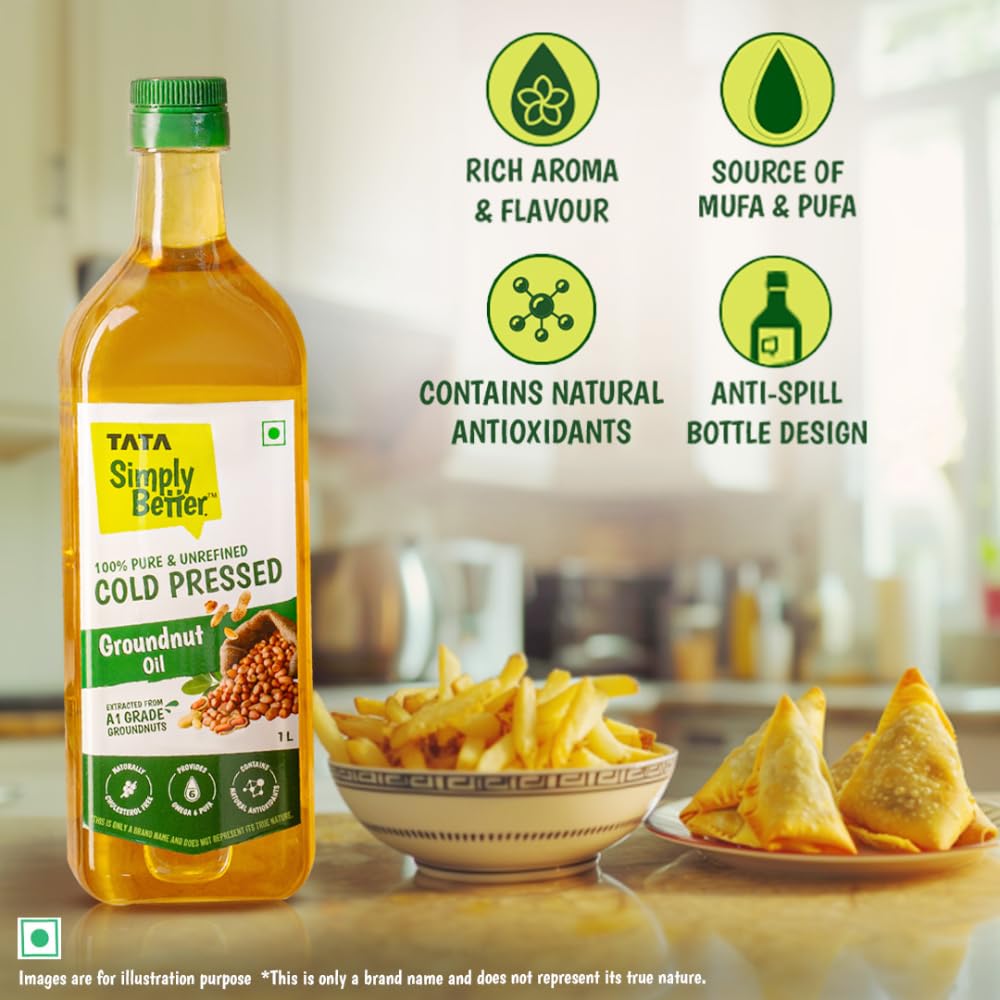 Tata Simply Better Pure & Unrefined Cold Pressed Groundnut (Peanut) Oil,Kolhu/Kacchi Ghani/Mara Chekku/Ganuga,Naturally Cholesterol Free,1L,Groundnut Oil Rich Aroma & Flavour Of Real Groundnuts