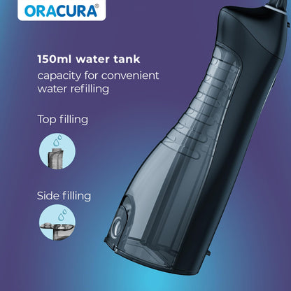 ORACURA OC150 Dental PRO Smart Water Flosser Black, 150ml water tank capacity, Portable & Rechargeable, 3 Modes, 365 Days Warranty