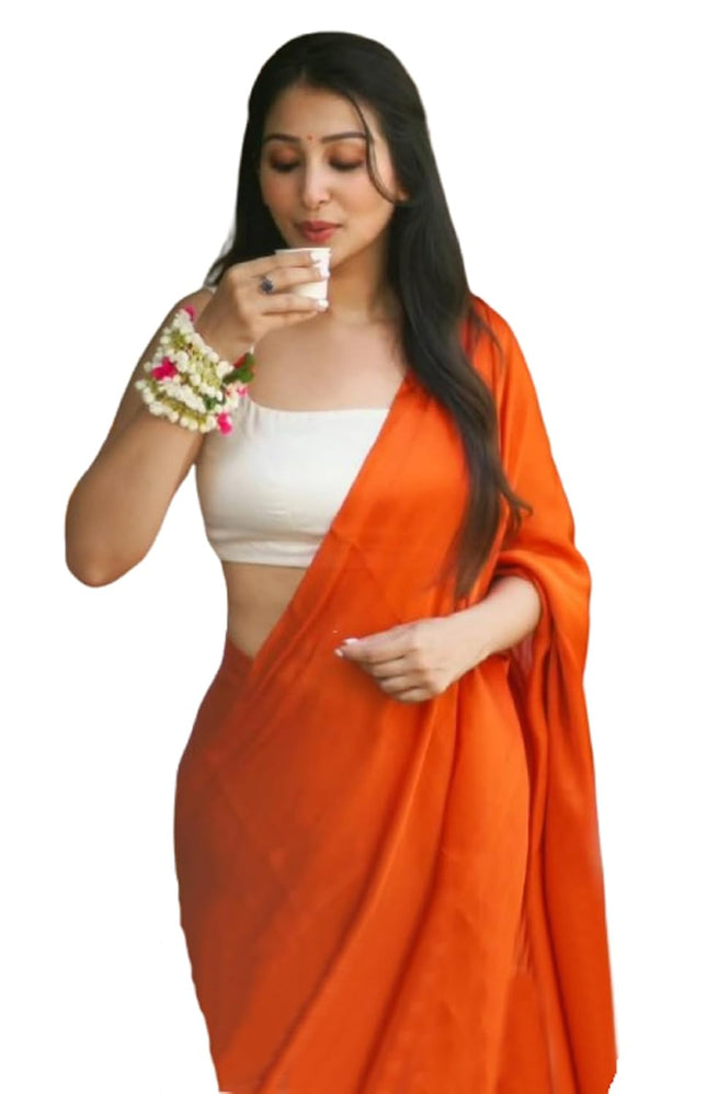 SATAZ Women's Ready to Wear Orange Plain Satin Silk 1 Minute Pre Pleated Saree with Unstiched Orange Blouse