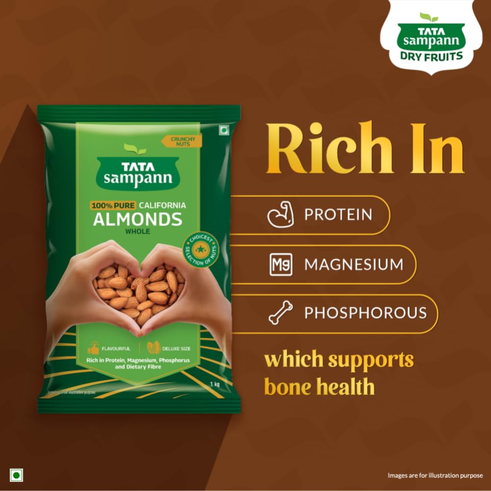 Tata Sampann Pure California Almonds/Badam Whole, 500g, Real Nuts, High in Fiber, Badam Giri, Rich in Protein, Magnesium, Phosphorus and Dietary Fibre, Nuts & Dry Fruits