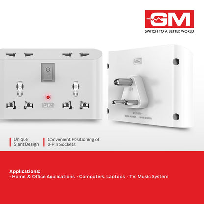 GM 3019 3 Pin Universal Multi Plug Travel Adaptor with 6 AMP for Home applications, Computers, Laptops