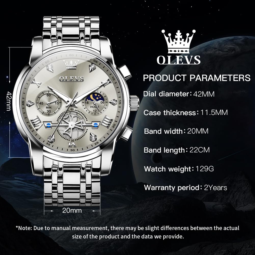 OLEVS Mens Watches Chain Chronograph Business Dress Quartz Stainless Steel Wrist Watch Waterproof Luminous Date