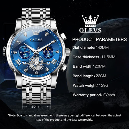 OLEVS Mens Watches Chain Chronograph Business Dress Quartz Stainless Steel Wrist Watch Waterproof Luminous Date