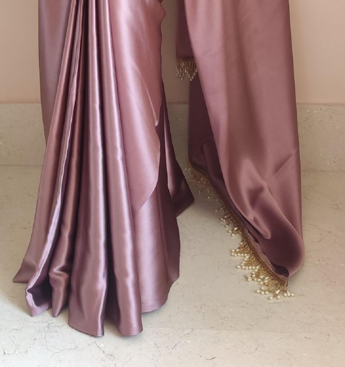 SATAZ Women's Ready to Wear Rose Gold Satin Silk 1 Minute Pre Pleated Saree with Unstitched Rose Gold Blouse