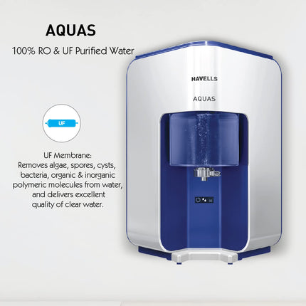 Havells AQUAS Water Purifier (White and Blue), RO+UF, Copper+Zinc+Minerals, 5 stage Purification, 7L Tank, Suitable for Borwell, Tanker & Municipal Water 